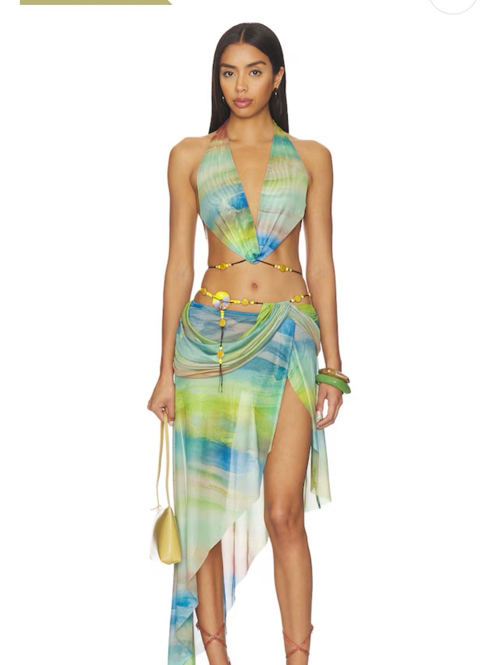 Jaded London Green-Blue Watercolor Halter Sarong Set